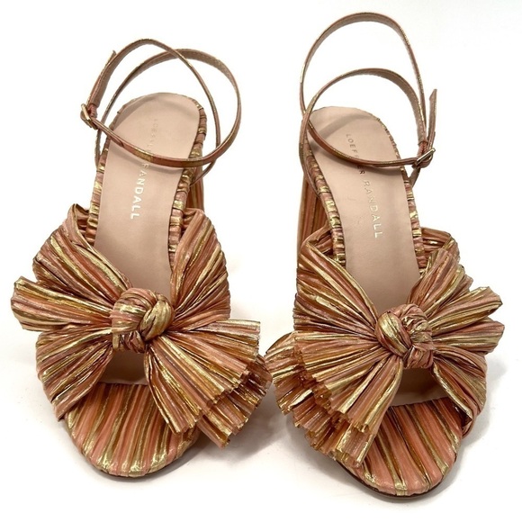 Loeffler Randall Camellia Sunset Bow Sandal Block Heel Peep Toe Stripe Sandal - Picture 5 of 14